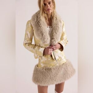 Free People Pale Yellow Brocade Jacket with Beige Faux Fur Trim